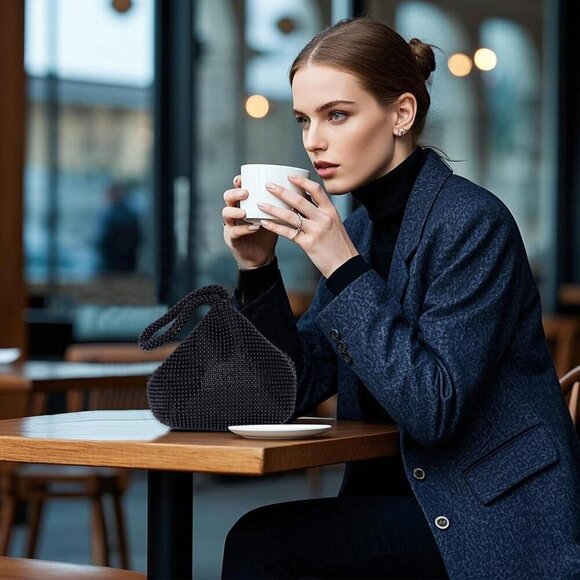 🆕Women Black Polyester Beaded Clutch Purse Vintage Triangle Bag  Prom Wedding - Picture 6 of 7